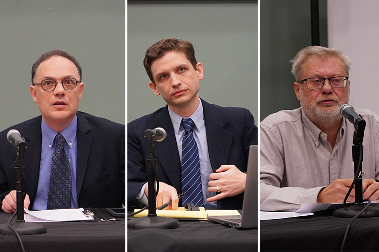 From left, Middle Tennessee State University faculty members Sean Foley, Luke Truxal and Andrei Korobkov offer their expertise during a panel discussion about the current war in Iran on Thursday, March 19, at the College of Education Building on campus in Murfreesboro, Tenn. (MTSU photos by Robin E. Lee; Illustration by Jimmy Hart)