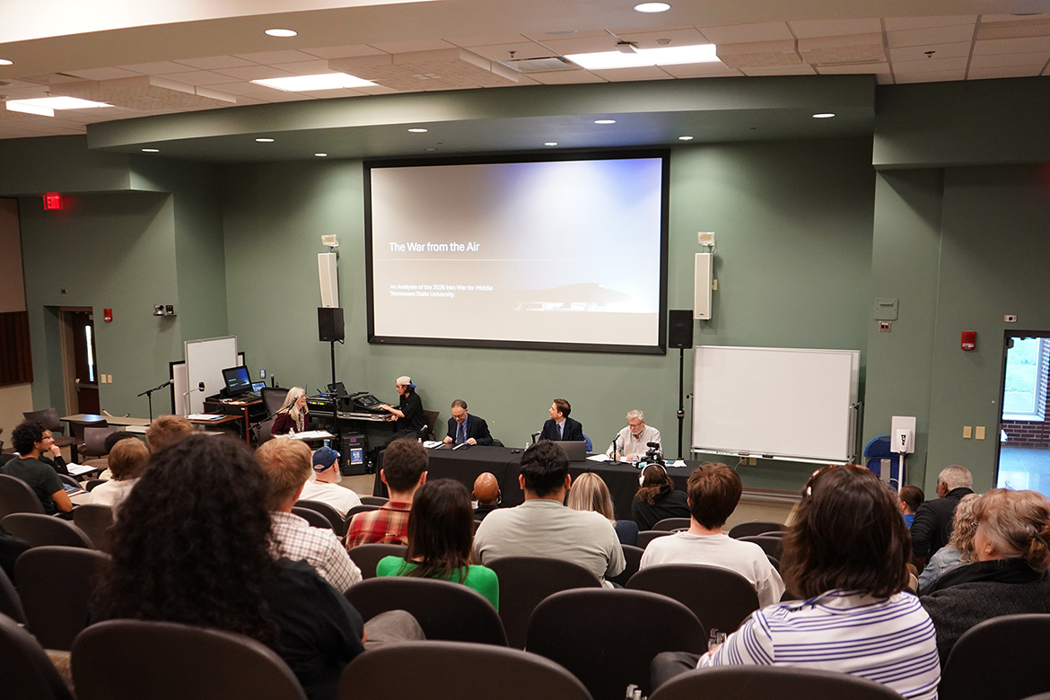 Attendees listen to a panel discussion featuring Middle Tennessee State University faculty experts titled “War in Iran” held Thursday, March 19, at the College of Education Building on campus in Murfreesboro, Tenn. (MTSU photo by Robin E. Lee)