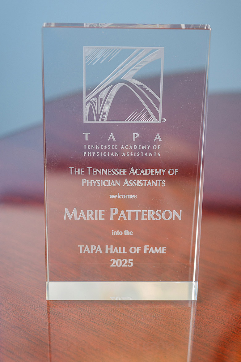 The Tennessee Academy of Physician Assistants inducted Marie Patterson, Physician Assistant Studies program founding director at Middle Tennessee State University in Murfreesboro, Tenn., into the organization’s Hall of Fame for 2026. Patterson, a “hometown girl,” is former president of the Tennessee Academy of Physician Assistants and currently serves as chair of the Tennessee Board of Physician Assistants. (MTSU photo by Andy Heidt)