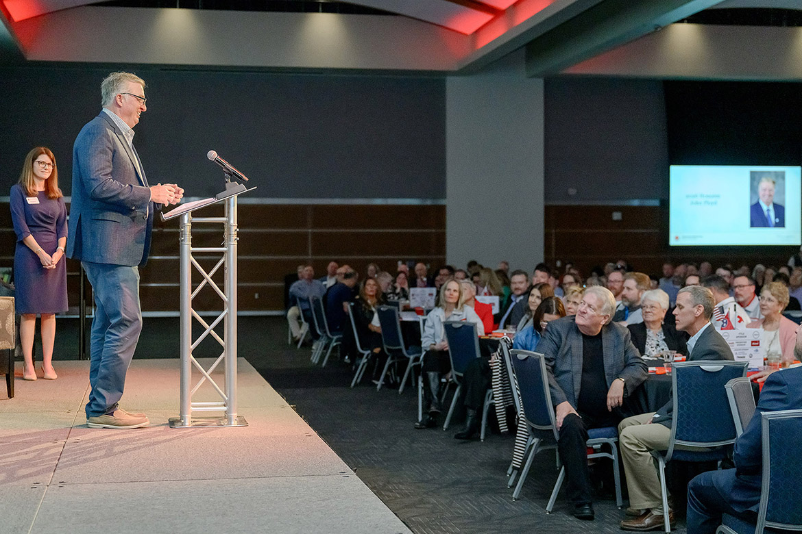 Middle Tennessee State University Board of Trustees member John Floyd gives his acceptance speech as the American Red Cross Heart of Tennessee Chapter Heroes Award recipient during a luncheon held Thursday, March 12, at the Student Union Ballroom on campus in Murfreesboro, Tenn. Floyd, founder of Ole South Properties homebuilders, has given more than $5 million to local charities and community needs over the past 40 years. (MTSU photo by J. Intintoli)