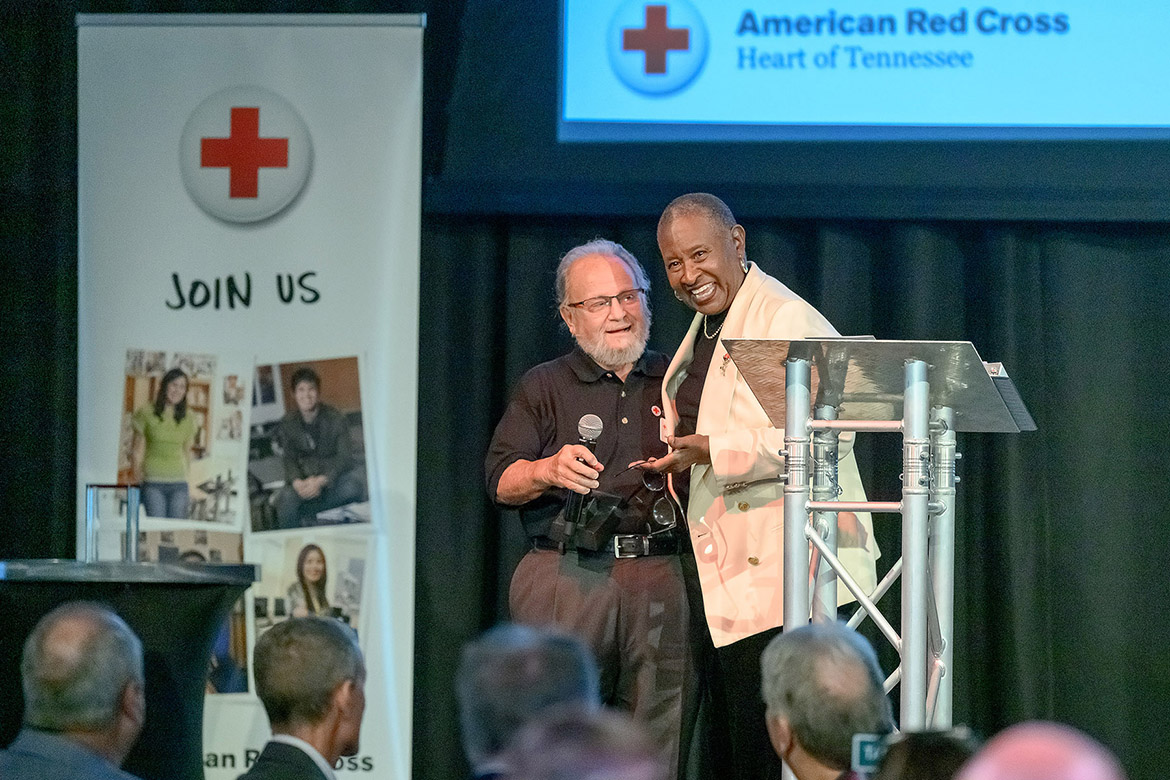 American Red Cross Heart of Tennessee Chapter board members and retired Middle Tennessee State University faculty emeritus Jim Calder, left, and Gloria Bonner, MTSU College of Education dean emeritus, ask for contributions to support the services offered by the nonprofit during the Heroes Luncheon held Thursday, March 12, on campus at the Student Union Ballroom on campus in Murfreesboro, Tenn. (MTSU photo by J. Intintoli)