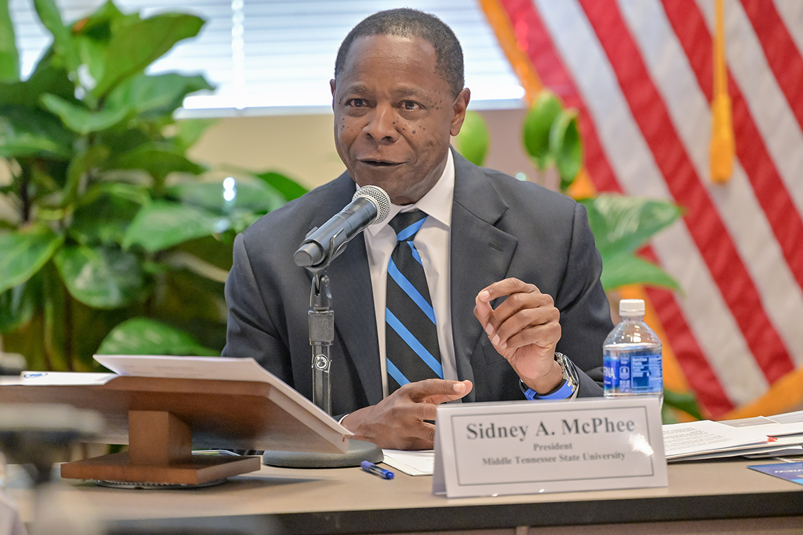 Middle Tennessee State University President Sidney A. McPhee reflects on his quarter-century tenure at the Board of Trustees meeting held Tuesday, March 17, at the Miller Education Center on campus in Murfreesboro, Tenn. McPhee announced that he’s retiring as the institution’s chief executive when his contract ends in December. (MTSU photo by J. Intintoli)