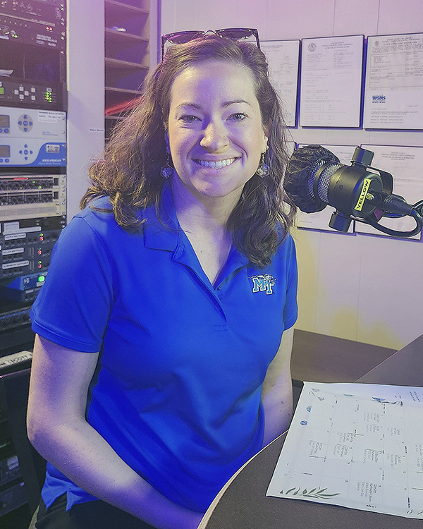 Kristin England, systems engineer and sustainability manager for the MTSU Center for Energy and Sustainability, discussed the full slate of events in April for Earth Month during her guest appearance on the WGNS Radio “Action Line” program on March 16 from the station’s studio in downtown Murfreesboro, Tenn. (MTSU photo by Jimmy Hart)