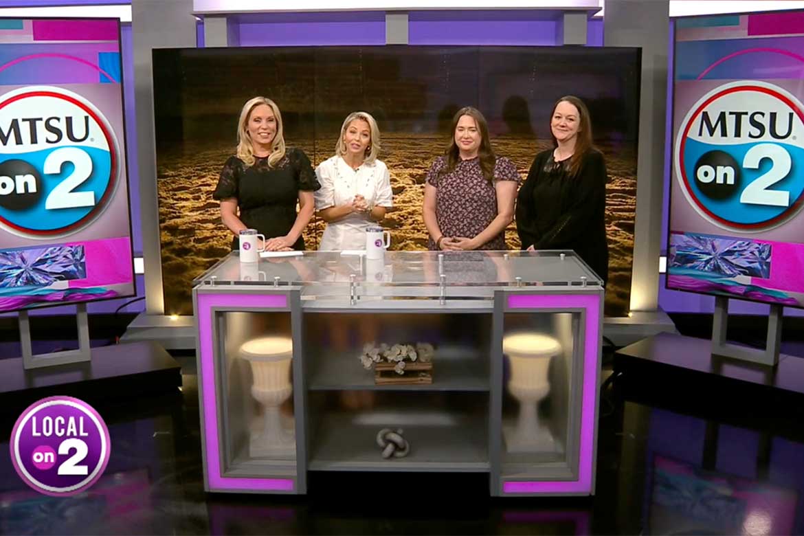 Pictured from left are Local on 2 hosts Stephanie Langston and Laura Schweizer, with Andrea Rego, a senior instructor in Middle Tennessee State University’s School of Agriculture in Murfreesboro, Tenn., Sarah Howard, a recreation therapist with the VA Tennessee Valley Healthcare System, are shown in the studios of WKRN-TV News 2 in Nashville, Tenn., for the station’s “MTSU on 2” segment as part of the “Local on 2” programming. Rego and Howard discussed the university’s partnership with the VA Tennessee Valley Healthcare System to discuss their horse therapy work with veterans. (Photo submitted)
