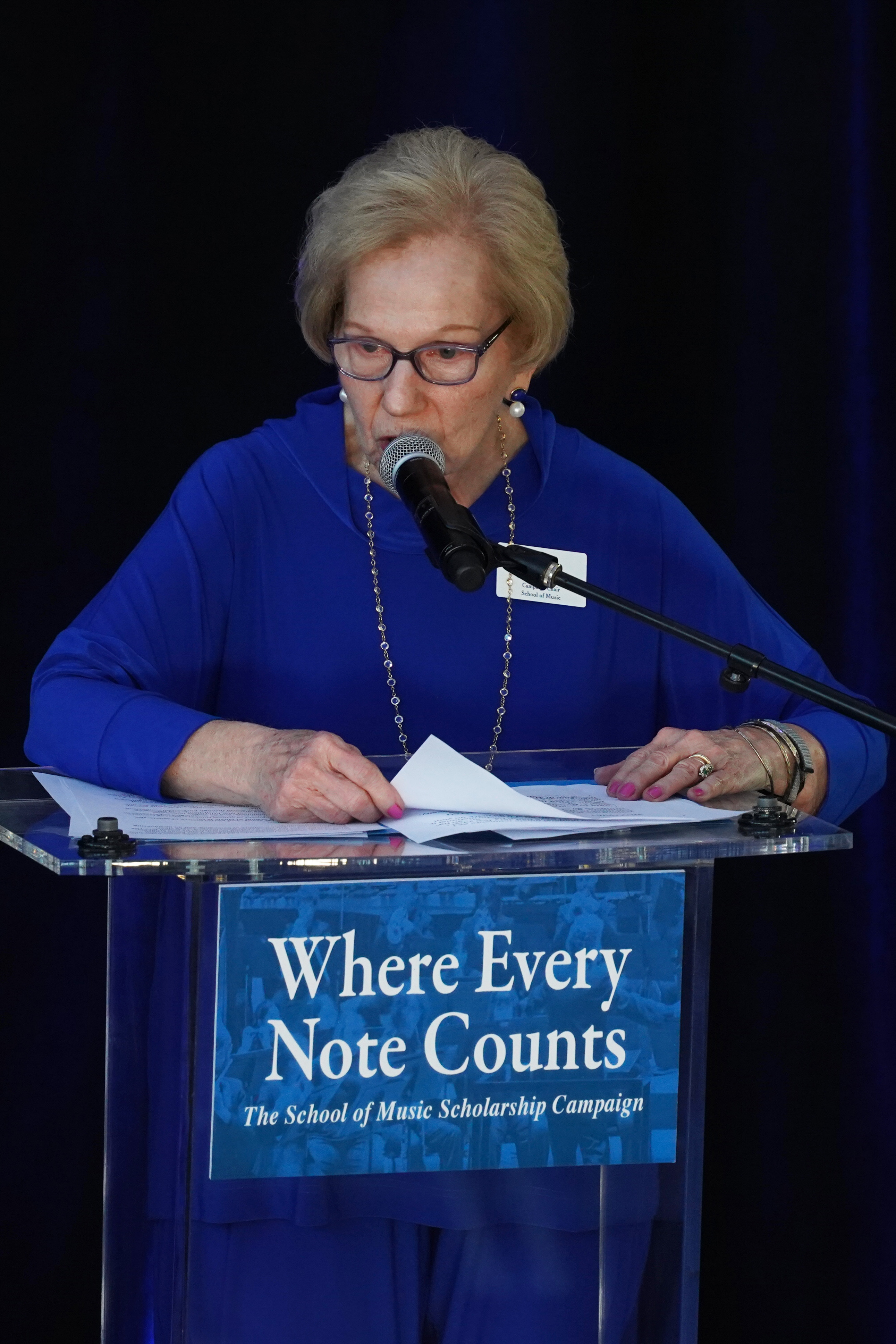 Faye Johnson, an alumna of Middle Tennessee State University in Murfreesboro, Tenn., and chair of the "Where Every Note Counts" campaign, speaks during a kickoff event held Tuesday, April 14. (MTSU photo by Mike Davis) 