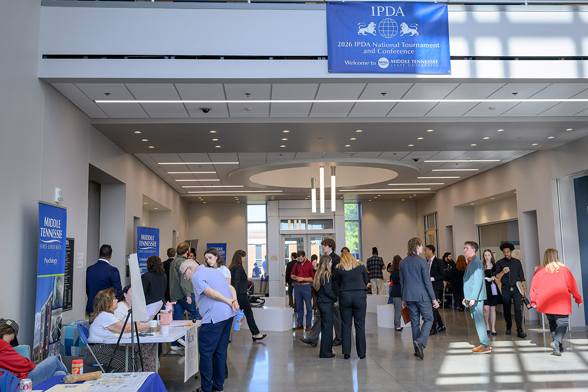 Competitors in the International Public Debate Team National Championships and Convention, hosted April 10-13 by Middle Tennessee State University on campus in Murfreesboro, Tenn., assemble in the Academic Classroom Building on campus. MTSU’s Blue Raider Debate Team hosted 54 colleges and over 400 students for the four-day debate competition. (MTSU photo by J. Intintoli)