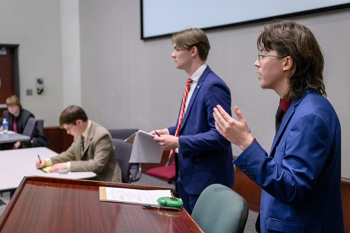 Competitors in the International Public Debate Team National Championships and Convention, hosted April 10-13 by Middle Tennessee State University on campus in Murfreesboro, Tenn., assemble in a classroom in the Academic Classroom Building on campus. MTSU’s Blue Raider Debate Team hosted 54 colleges and over 400 students for the four-day debate competition. (MTSU photo by J. Intintoli)