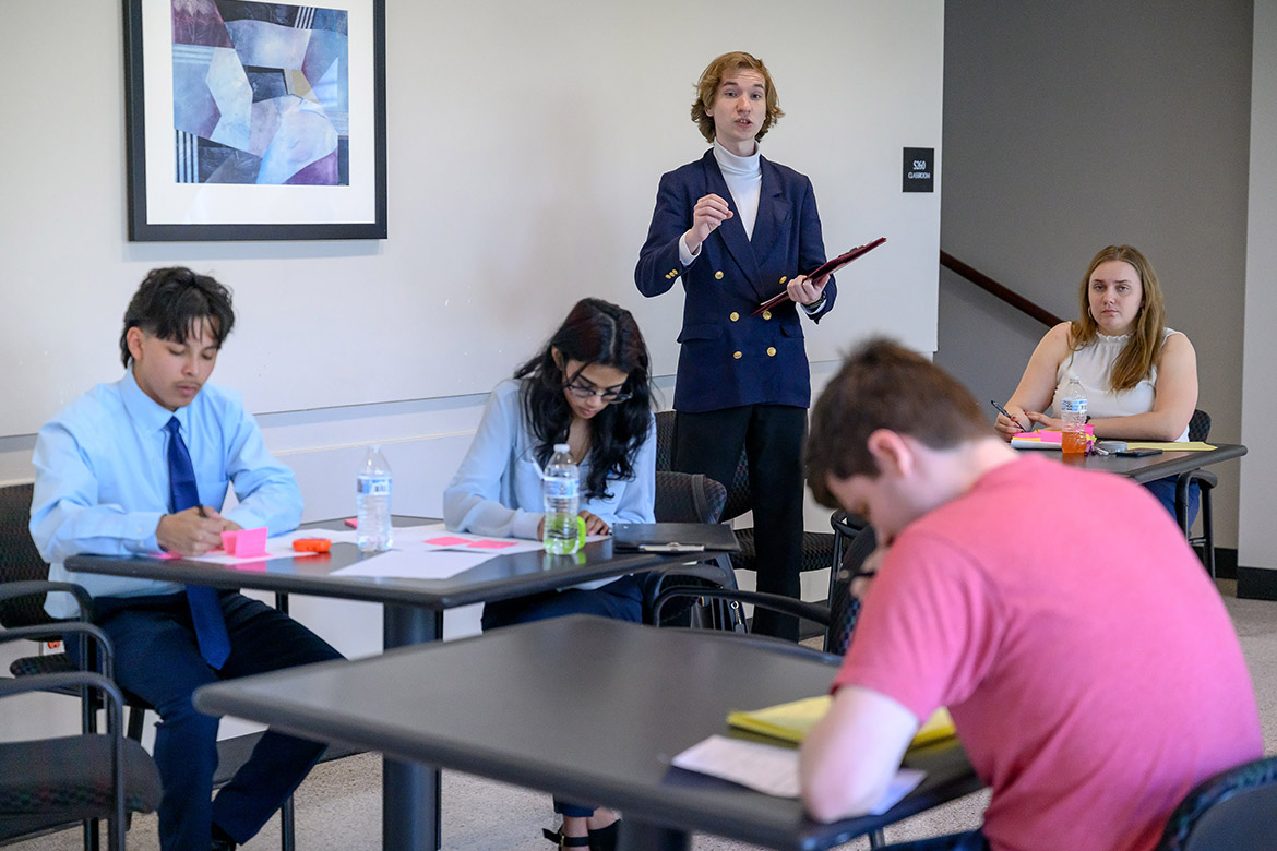 Competitors in the International Public Debate Team National Championships and Convention, hosted April 10-13 by Middle Tennessee State University on campus in Murfreesboro, Tenn., practice in a corner of the lobby of the Academic Classroom Building on campus. MTSU’s Blue Raider Debate Team hosted 54 colleges and over 400 students for the four-day debate competition. (MTSU photo by J. Intintoli)