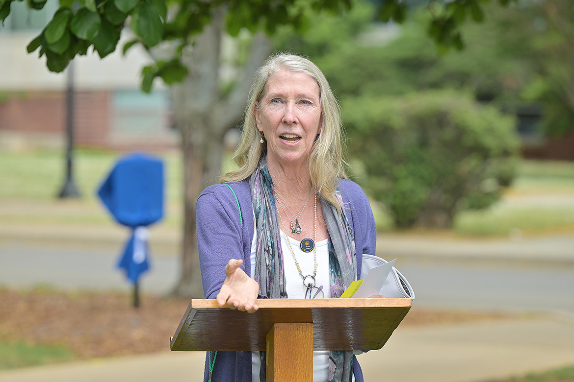Kim Sadler, professor emeritus in the Department of Biology at Middle Tennessee S tate University in Murfreesboro, Tenn., speaks to a crowd gathered Thursday, April 16, for the unveiling of the newly designated Level II Arboretum on the 500-acre main campus. Sadler was instrumental in garnering the designation, certified by the Tennessee Urban Forestry Council. (MTSU photo by James Cessna)
