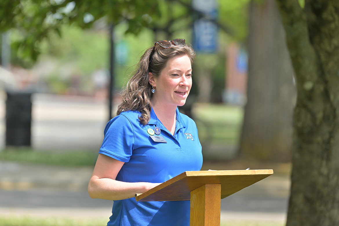 Kristin England, manager for the Center for Energy and Sustainability at Middle Tennessee State University in Murfreesboro, Tenn., speaks to a crowd gathered Thursday, April 16, for the unveiling of the newly designated Level II Arboretum on the 500-acre main campus. England was instrumental in garnering the designation, certified by the Tennessee Urban Forestry Council. (MTSU photo by James Cessna)