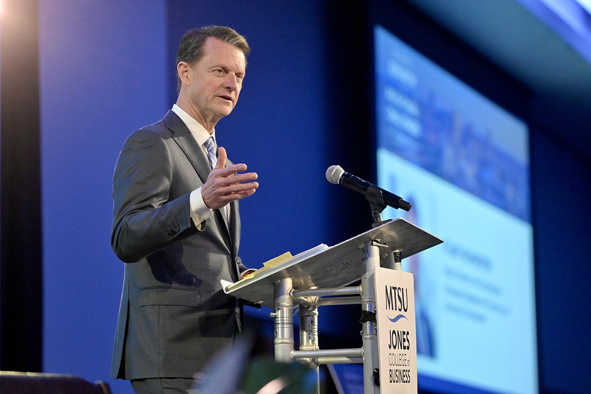 Stuart McWhorter, Tennessee deputy governor and commissioner of the Tennessee Department of Economic and Community Development, gives keynote remarks at Middle Tennessee State University’s 2026 Forum on Growth and Regional Challenges held March 20 at the Student Union Building on campus in Murfreesboro, Tenn. (MTSU photo by Andy Heidt)