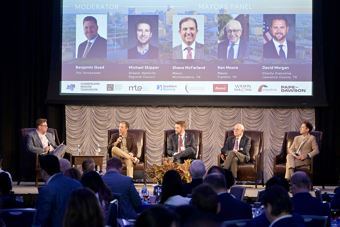From left, Ben Goad, executive editor of The Tennessean, Murfreesboro Mayor Shane McFarland, Lawrence County Executive David Morgan, Franklin Mayor Ken Moore, and Michael Skipper, executive director of the Greater Nashville Regional Council, participate in a mayor’s panel at Middle Tennessee State University’s 2026 Forum on Growth and Regional Challenges held March 20 at the Student Union Building on campus in Murfreesboro, Tenn. Goad served as moderator. (MTSU photo by Andy Heidt)