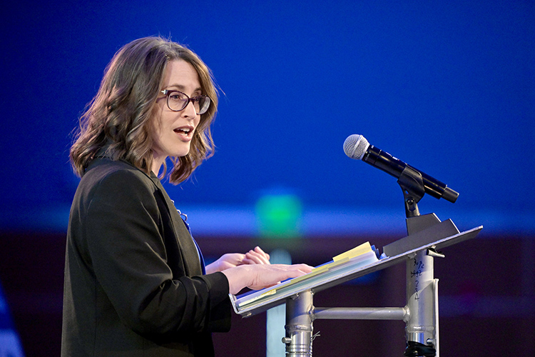Stephanie Coleman, president of the Nashville Area Chamber of Commerce, tells attendees at Middle Tennessee State University’s 2026 Forum on Growth and Regional Challenges that chamber members said housing affordability, transportation and child care were the most important issues they faced. The forum was held March 20 at the Student Union Building on the MTSU campus in Murfreesboro, Tenn. (MTSU photo by Andy Heidt)
