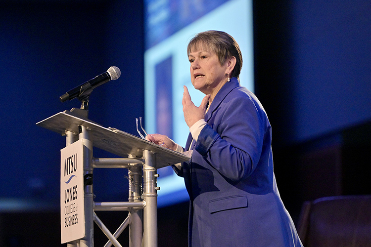 Joyce Heames, dean of the Jones College of Business at Middle Tennessee State University, announces that the university and the Nashville Area Chamber of Commerce were launching the Nashville Regional Business Confidence Index during her remarks at the 2026 Forum on Growth and Regional Challenges held March 20 at the Student Union Building on the MTSU campus in Murfreesboro, Tenn. (MTSU photo by Andy Heidt)