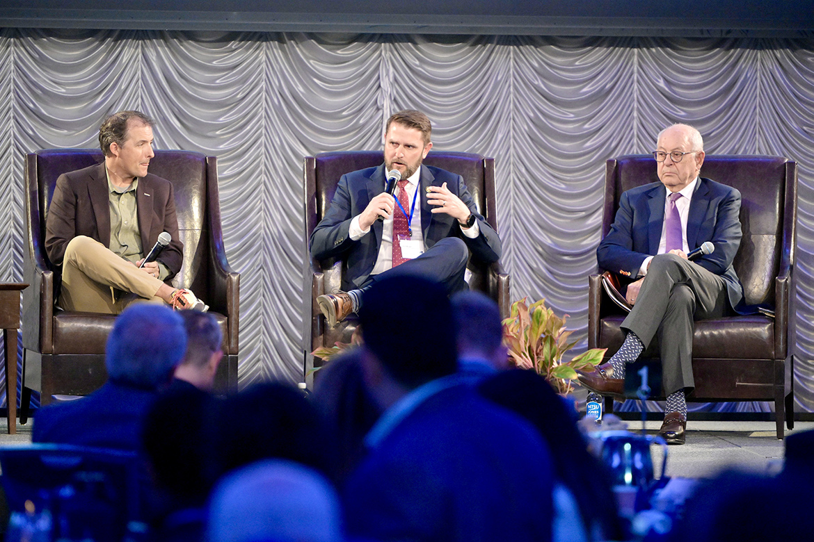 Lawrence County Executive David Morgan, center, explains the challenges of growth in his community during a mayor’s forum at the 2026 Forum on Growth and Regional Challenges held March 20 at the Student Union Building on the MTSU campus in Murfreesboro, Tenn. Also participating on the panel were Murfreesboro Mayor Shane McFarland, left, and Franklin Mayor Ken Moore. (MTSU photo by Andy Heidt)