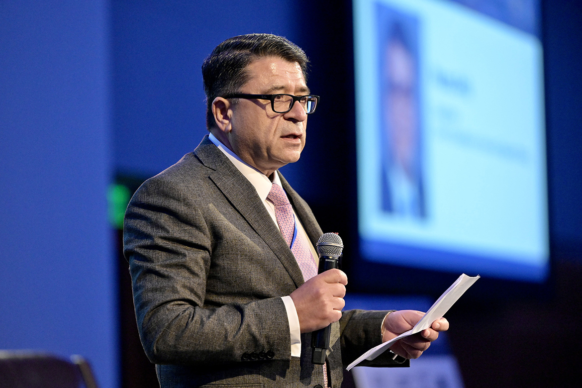 Murat Arik, director of the Business and Economic Research Center at Middle Tennessee State University, thanks the hundreds of attendees at the 2026 Forum on Growth and Regional Challenges held March 20 at the Student Union Building on campus in Murfreesboro, Tenn. (MTSU photo by Andy Heidt)