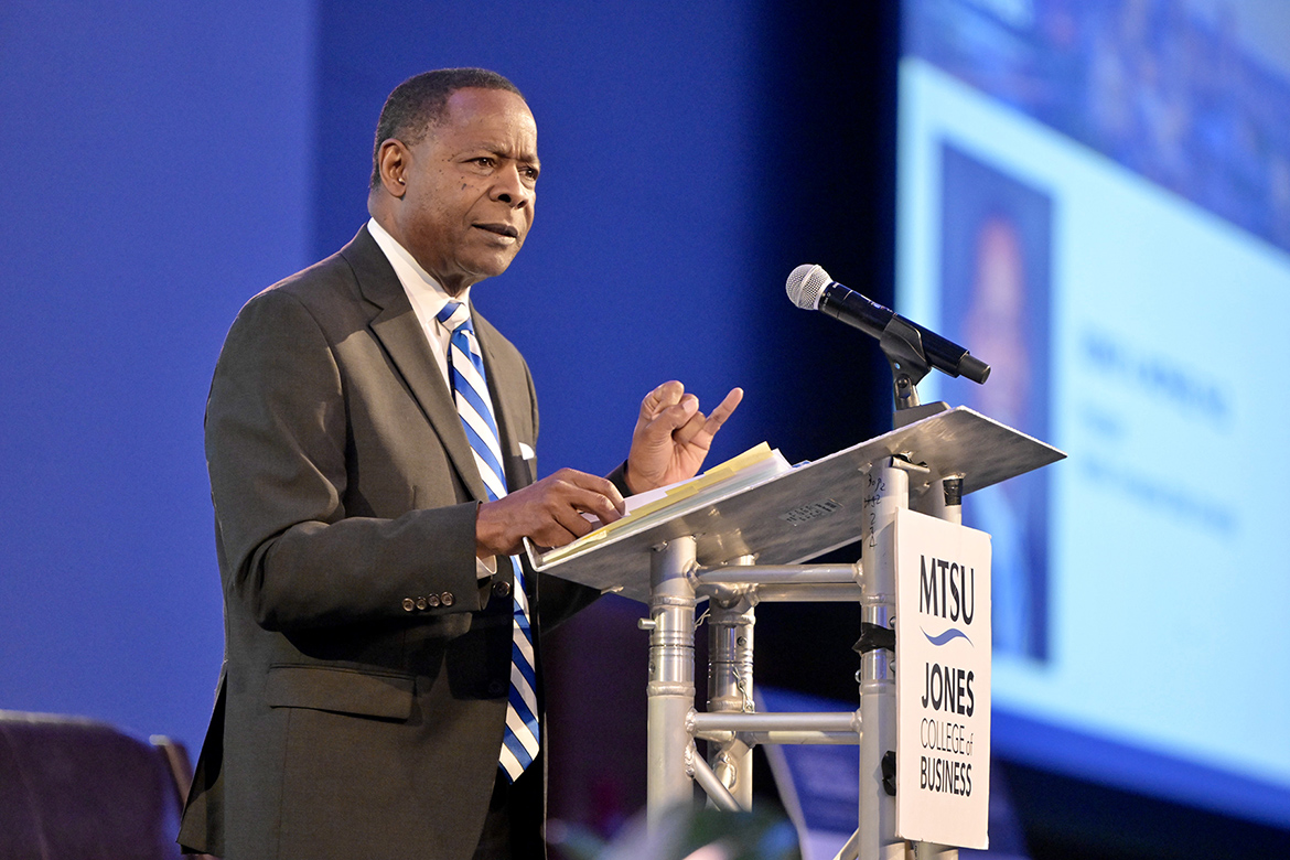 Middle Tennessee State University President Sidney A. McPhee touts the university’s efforts to adapt its educational program to workforce needs during welcoming remarks at the 2026 Forum on Growth and Regional Challenges held March 20 at the Student Union Building on campus in Murfreesboro, Tenn. (MTSU photo by Andy Heidt)