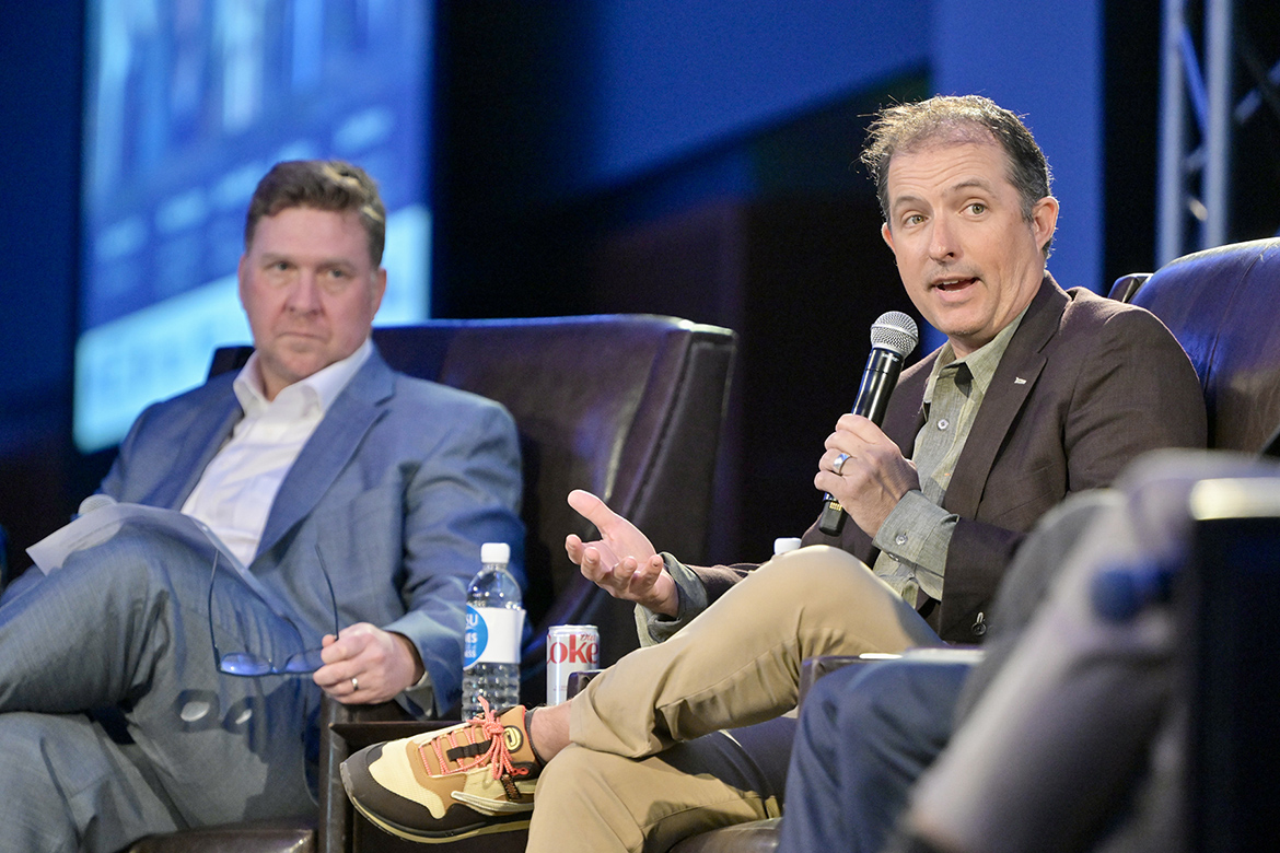 Murfreesboro Mayor Shane McFarland, right, explains the challenges of addressing affordable housing concerns in his city during a mayor’s panel at Middle Tennessee State University’s 2026 Forum on Growth and Regional Challenges held March 20 at the Student Union Building on campus in Murfreesboro, Tenn. At left is panel moderator Benjamin Goad, executive editor of The Tennessean. (MTSU photo by Andy Heidt)