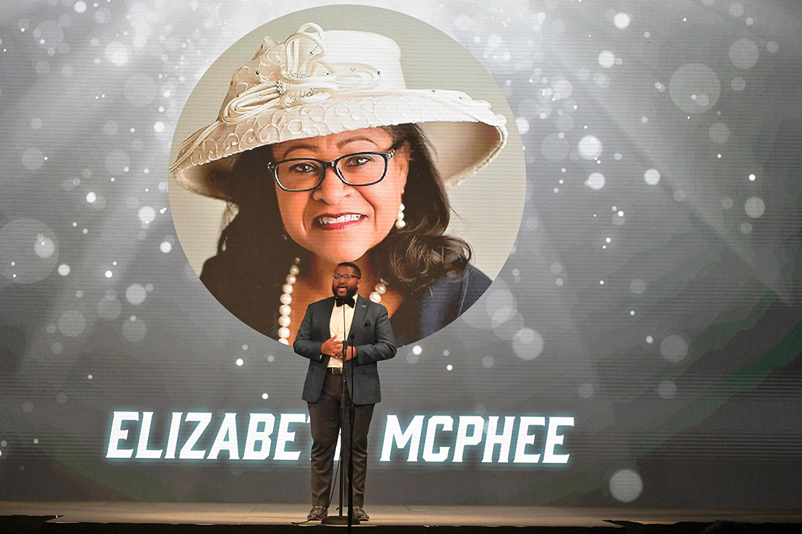 At the 2026 MTSU Bolt Awards, Middle Tennessee State University Student Trustee Michai Mosby announces the renaming of the Generosity Charge Award in honor of the late Elizabeth McPhee, wife of Middle Tennessee State University President Sidney A. McPhee, who died Jan. 8 at age 72 after a brief illness. The award was presented to Chi Omega Sorority during the awards ceremony held Tuesday, April 14, in the Student Union Ballroom on campus in Murfreesboro, Tenn. (MTSU photo by James Cessna)