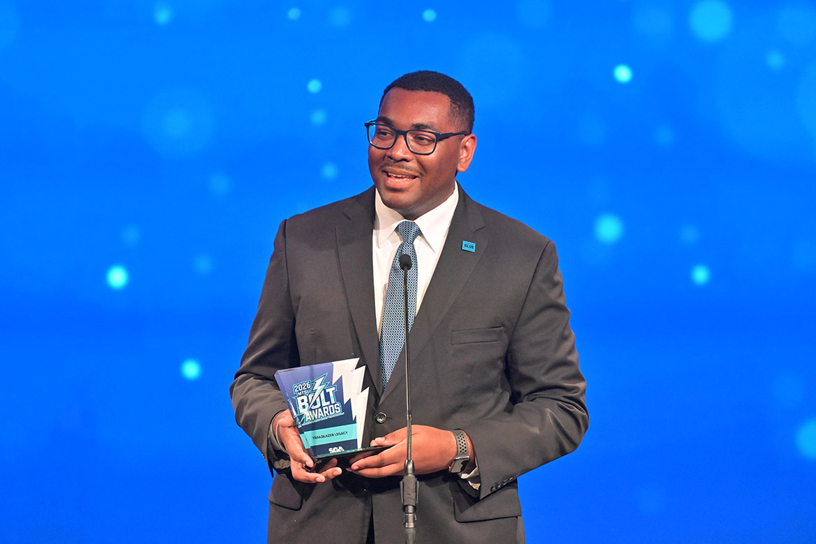 Middle Tennessee State University Student Government Association President R.J. Ware, a political science major from Hermitage, Tenn., holds the Trailblazer Legacy Award, which he was presented during the MTSU Bolt Awards ceremony held Tuesday, April 14, in the Student Union Ballroom on campus in Murfreesboro, Tenn. (MTSU photo by James Cessna)
