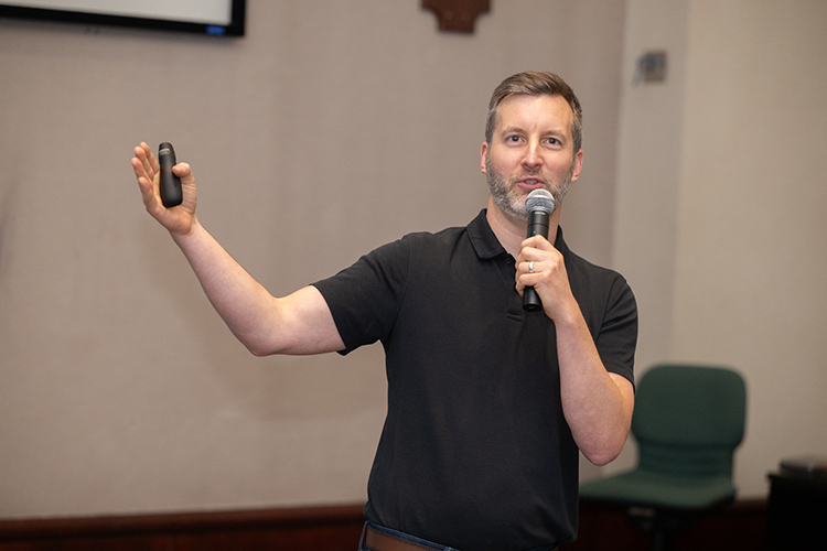Colin Ryan, keynote speaker for Middle Tennessee State University’s Tennessee Financial Literacy Month, shares personal finance tips during his keynote remarks April 15 at the Business and Aerospace Building’s State Farm Room on campus in Murfreesboro, Tenn. (MTSU photo by James Cessna)