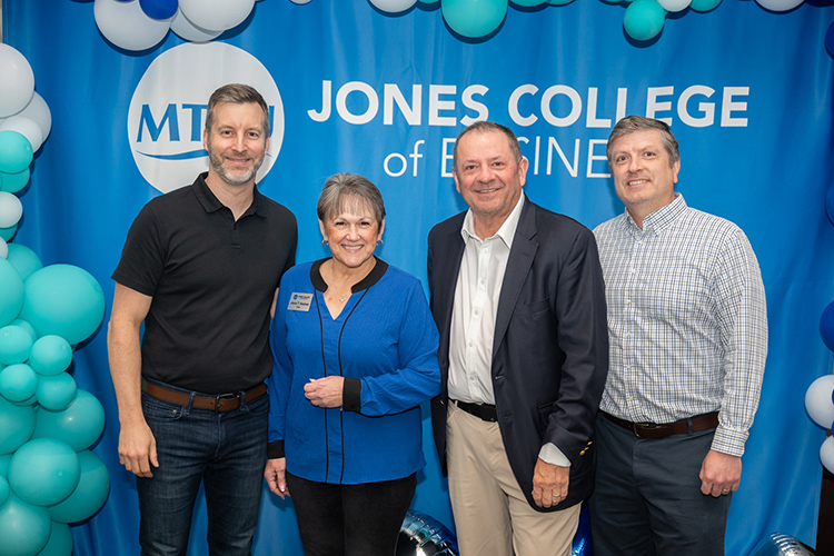 Pictured, from left, are Colin Ryan, keynote speaker for Middle Tennessee State University’s Tennessee Financial Literacy Month; Jones College of Business Dean Joyce Heames; Department of Economics and Finance Chair Stuart Fowlers; and Keith Gamble, holder of the Weatherford Chair of Finance, before Ryan gave a keynote presentation April 15 at the Business and Aerospace Building’s State Farm Room on campus in Murfreesboro, Tenn. (MTSU photo by James Cessna)