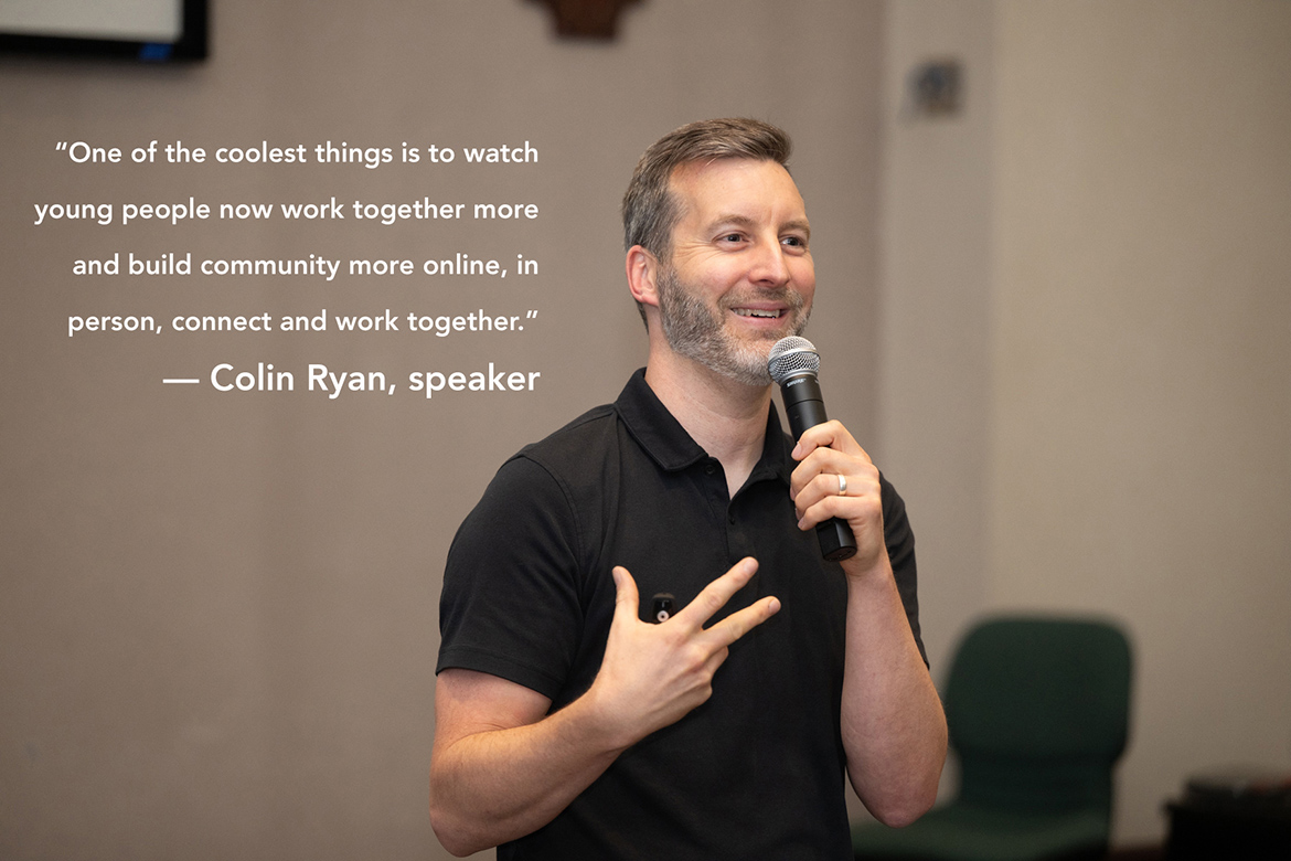 Colin Ryan, keynote speaker for Middle Tennessee State University’s Tennessee Financial Literacy Month, shares personal finance tips with students during his keynote remarks April 15 at the Business and Aerospace Building’s State Farm Room on campus in Murfreesboro, Tenn. (MTSU photo by James Cessna)