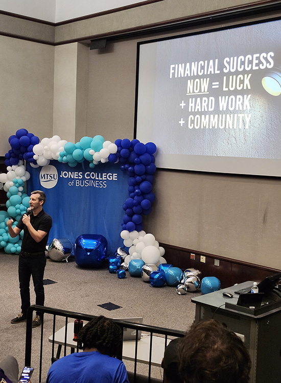 Colin Ryan, keynote speaker for Middle Tennessee State University’s Tennessee Financial Literacy Month, shares his keys for financial success now — luck, hard work and community — during his keynote remarks April 15 at the Business and Aerospace Building’s State Farm Room on campus in Murfreesboro, Tenn. (MTSU photo by Jimmy Hart)