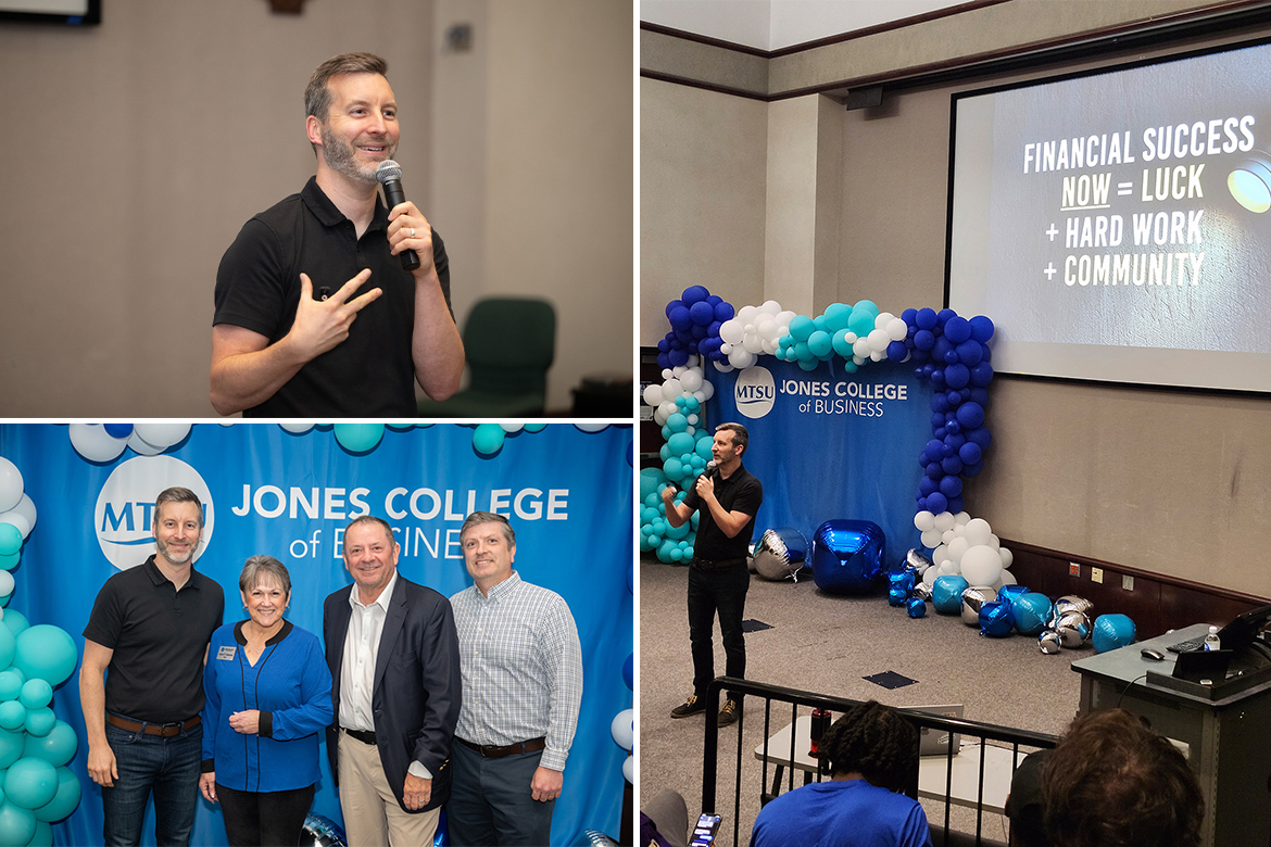 Collage of images featuring man speaking, group of four people