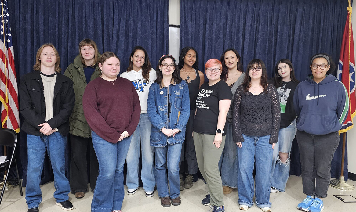 Middle Tennessee State University’s spring student staff for the Collage magazine take a group photo on campus in Murfreesboro, Tenn. Pictured, front row, from left, are Haylie Thurman, Kaylee Wilmoth, Katy Clemens, Candace Bohne, and Gabrielle Terry; and back row, from left, Jordan Chambers, Holly Pfeiffer, Raquel Barbalat, Arianlella Myers, Ava Houghton, and Chloe Rafferty. Not pictured are Juliette Keller, Marissa Medina, and Ethan Jaurigue. (MTSU photo by Robin E. Lee)