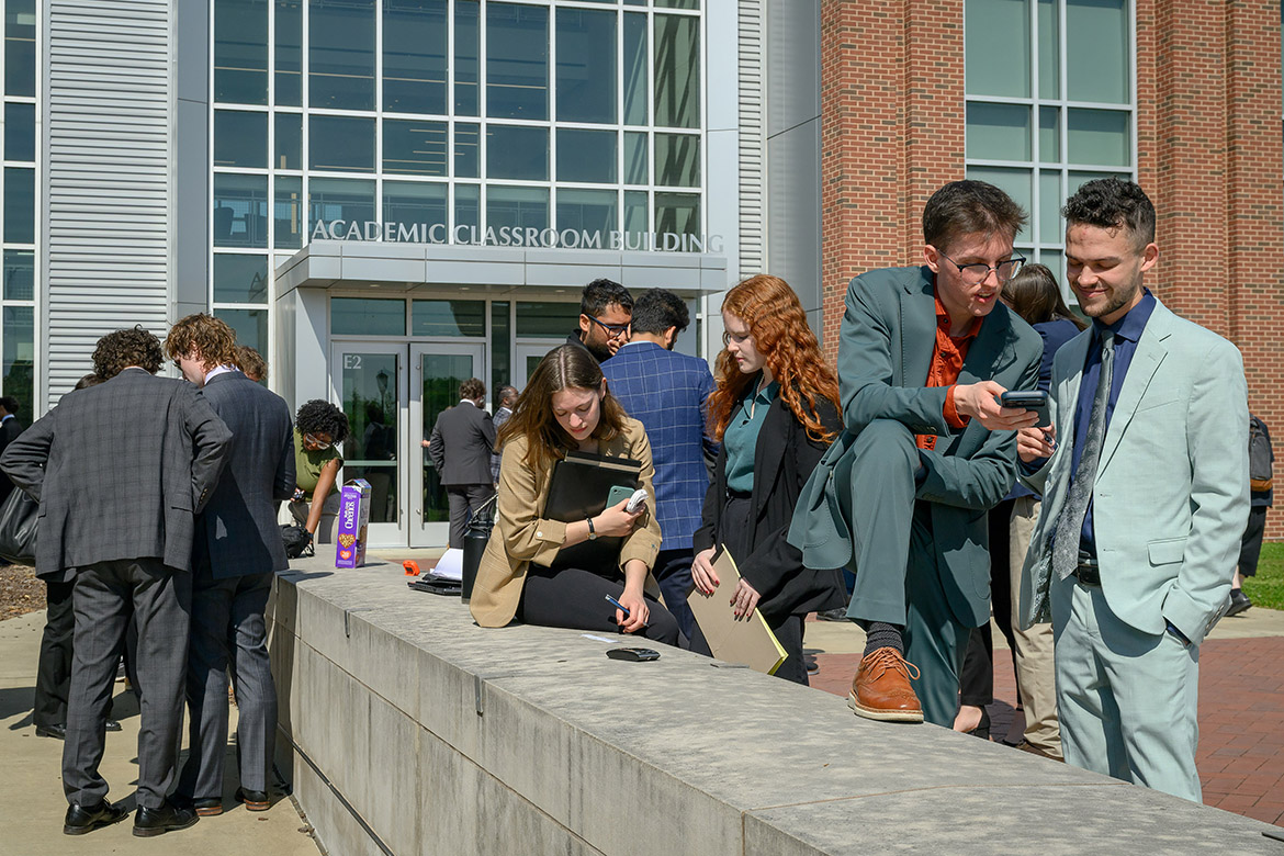 Competitors in the International Public Debate Team National Championships and Convention, hosted April 10-13 by Middle Tennessee State University on campus in Murfreesboro, Tenn., gather outside of the Academic Classroom Building — the hub of the event. MTSU’s Blue Raider Debate Team hosted 54 colleges and over 400 students for the four-day debate competition. (MTSU photo by J. Intintoli)