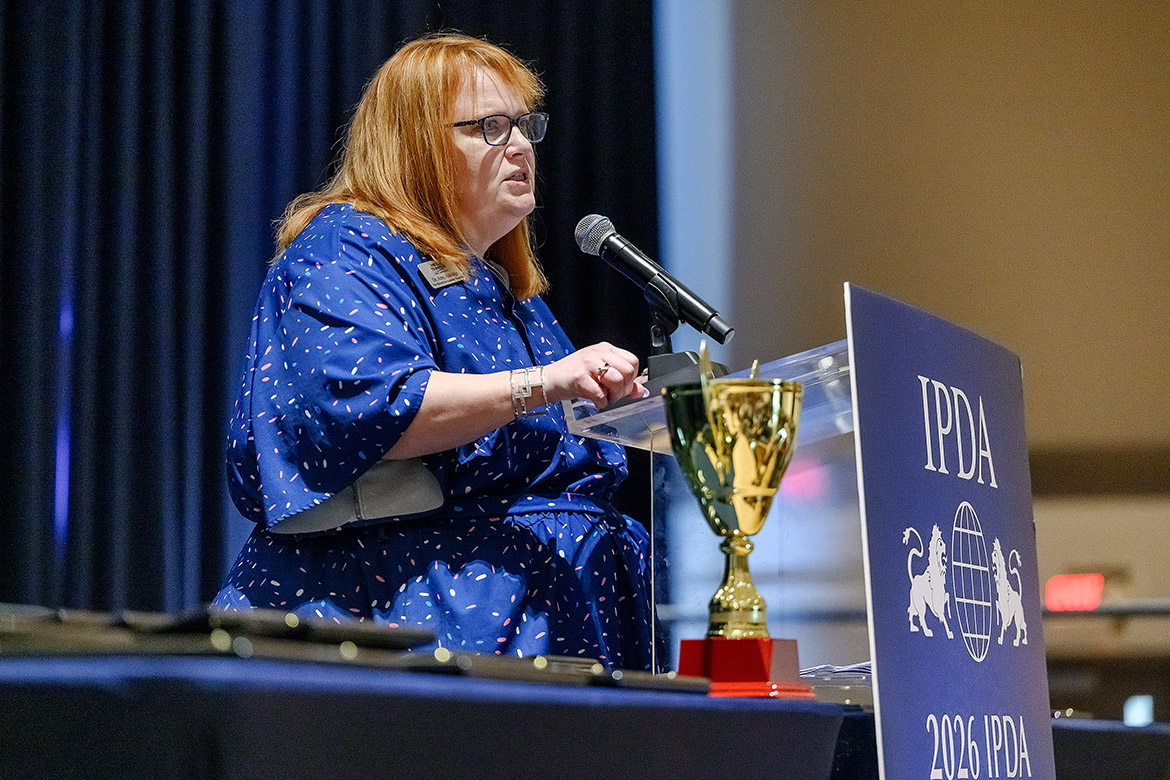 Amy Aldridge, vice provost for Academic Programs at Middle Tennessee State University in Murfreesboro, Tenn., gives the keynote address to the crowd gathered in the James Union Building on campus at the International Public Debate Association National Championships and Convention awards ceremony on Monday, April 13. (MTSU photo by J. Intintoli)