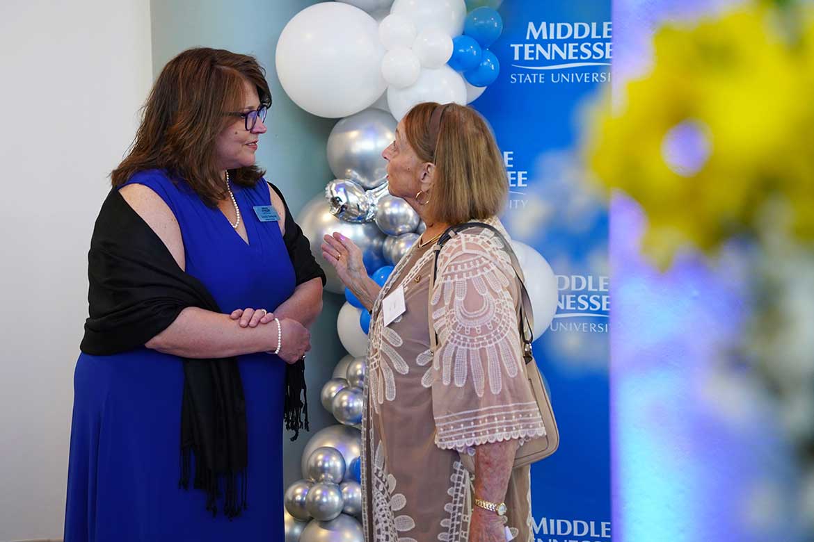 supporter during the “Where Every Note Counts” scholarship campaign kickoff on April 14, 2026, at the Miller Education Center in Murfreesboro, Tennessee. The campaign seeks to increase scholarship support and expand access for future students in the School of Music and Band of Blue. (MTSU photo by Mike Davis) 
