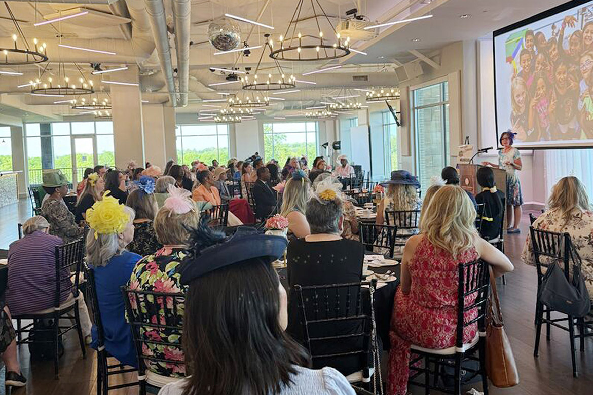 Ariana Postlethwait, professor in the Department of Social Work at Middle Tennessee State University in Murfreesboro, Tenn., speaks to the crowd gathered for the biennial EqualiTEA, held April 9 at The View at Fountains in Murfreesboro. The high tea is a benefit for the Middle Tennessee Fund for Women and Girls, the scholarship fundraising arm for the American Association for University Women Murfreesboro Chapter. (MTSU photo by Jenn Caputo)