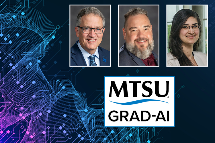 Grad-AI launch graphic with logo, three headshots, stock image background.