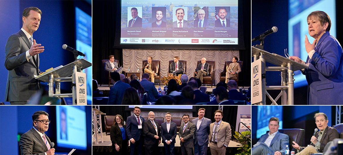 Collage of forum speakers at podium, on panel, group shot