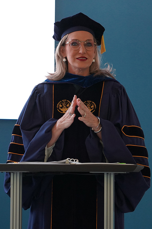 Managing Director of Carter Global Beverly Brooks Thompson delivers charge to the new initiates during the Spring 2026 ceremony for the Middle Tennessee State University Chapter 246 of the Honor Society of Phi Kappa Phi. (MTSU photo by Robin E. Lee)