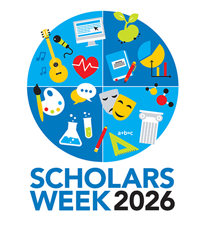 Multicolored Scholars Week 2026 logo with various icons and title beneath