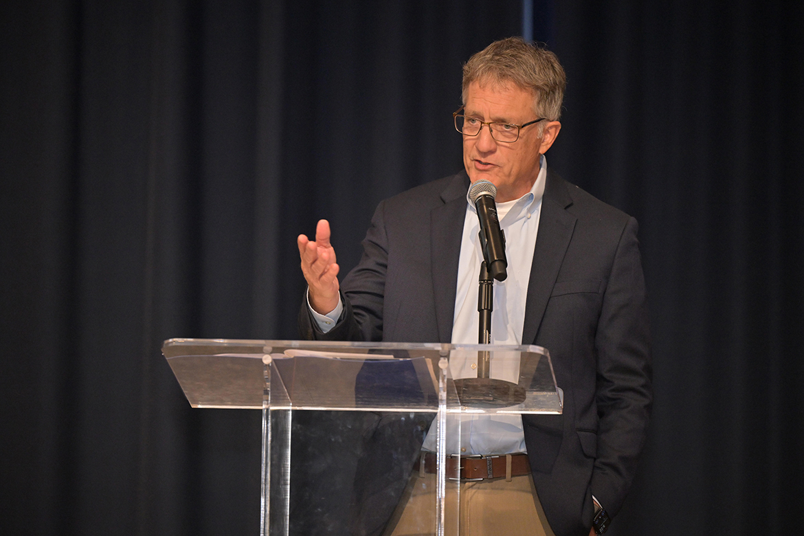 Middle Tennessee State University Provost Mark Byrnes speaks to the crowd at the 2026 John Pleas Faculty Award ceremony held Tuesday, March 31, in the James Union Building on campus in Murfreesboro, Tenn. The event honored this year’s recipient Samuel Haruna, associate professor of soil science and associate dean for academic programs in the College of Basic and Applied Sciences. (MTSU photo by James Cessna)
