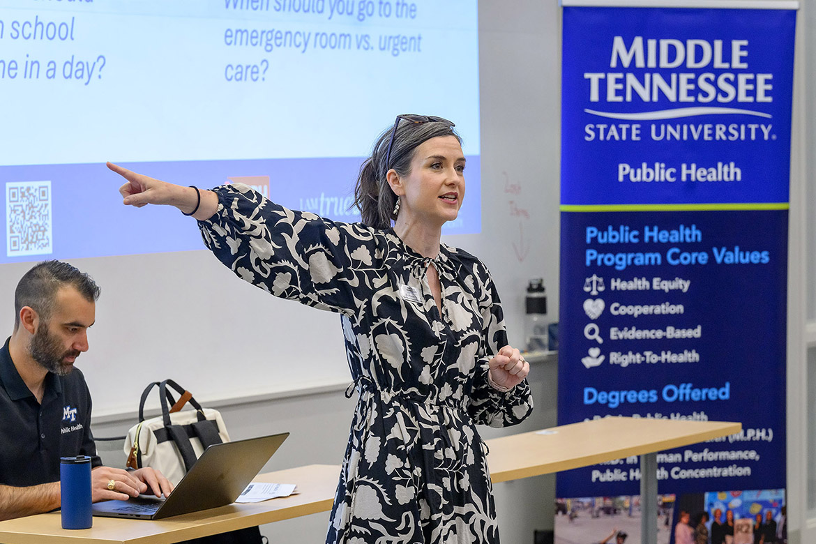 Bethany Wrye, associate professor and interim chair in the Department of Health and Human Performance at Middle Tennessee State University in Murfreesboro, Tenn., talks to high school students from Rutherford County Schools about discerning accurate health information on the internet during the inaugural Public Health Symposium held on campus in late March. (MTSU photo by J. Intintoli)