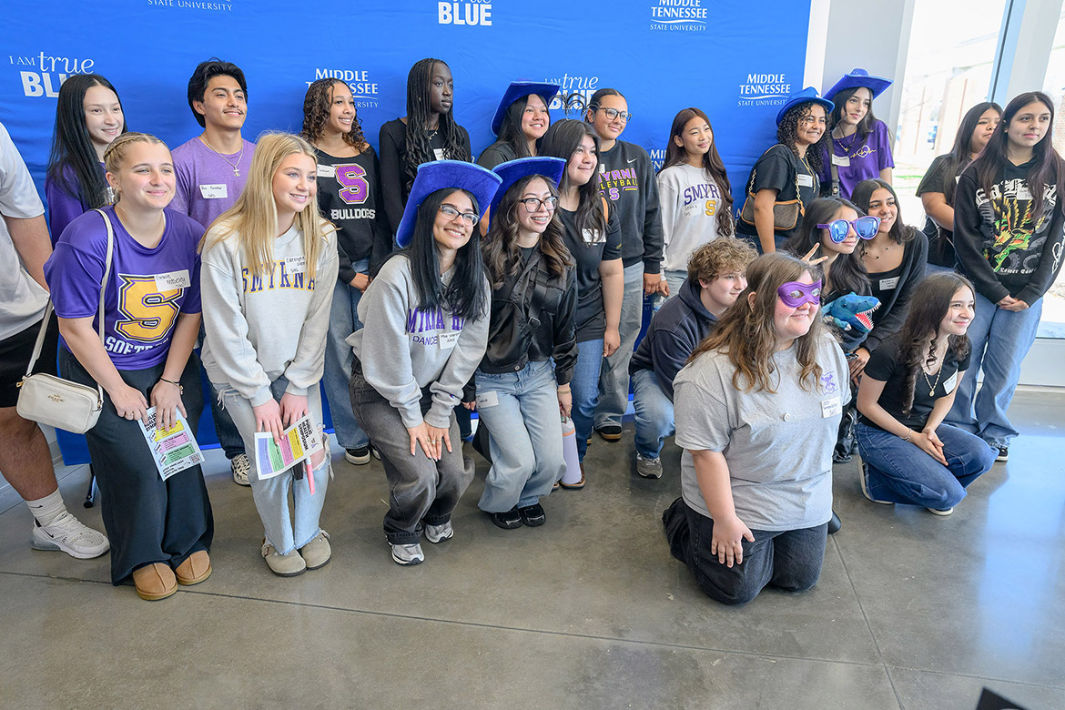 Smyrna High School students from Smyrna, Tenn., pose for a photo at the beginning of the inaugural Public Health Symposium held on campus in late March. Students were given a snapshot of careers that extend beyond traditional roles in medicine. (MTSU photo by J. Intintoli)
