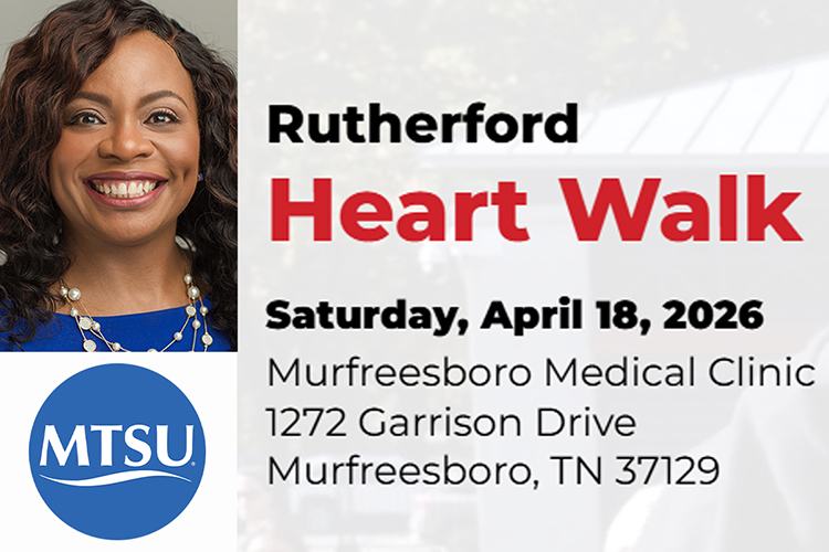 Chandra Story, Middle Tennessee State University community and public health professor and association board member, is encouraging the community to take heart and do their part to get active and raise funds for heart-health education and research through the April 18 Rutherford County Heart Walk. (MTSU graphic illustration by Stephanie Wagner)