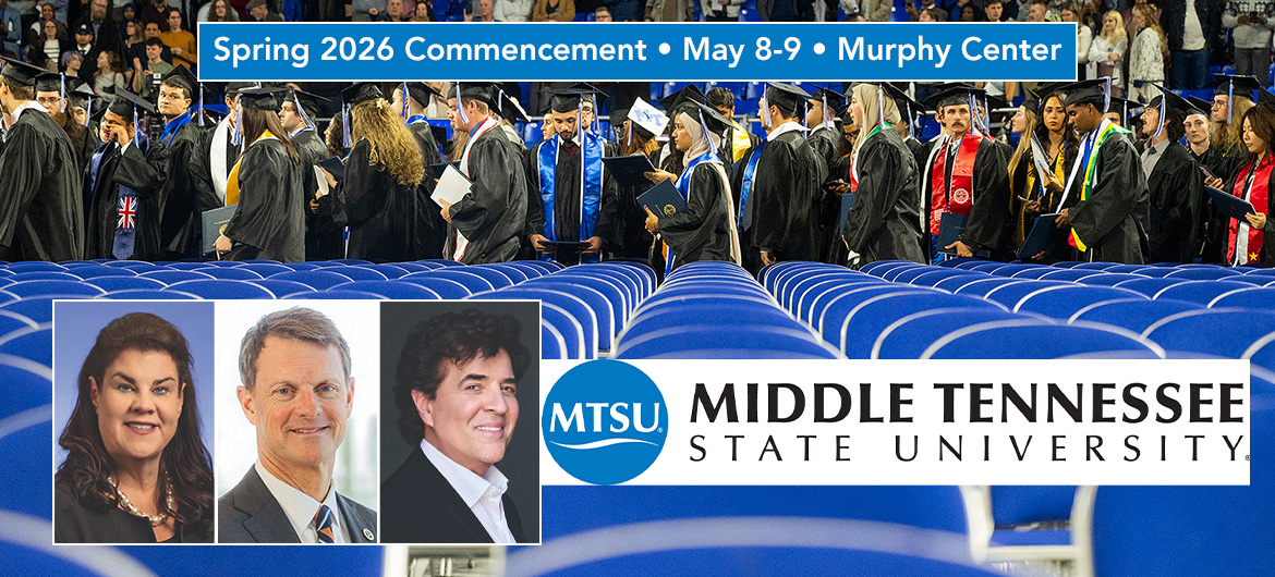 MTSU graduates marching in single file paired with three speaker headshots and logos.
