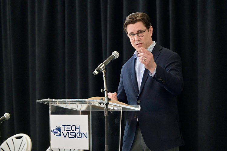 Nathan Buttrey, a senior advisor to Stuart McWhorter, Tennessee Department of Economic and Community Development commissioner and deputy governor, discusses the state’s investment in advancing quantum technologies during keynote remarks at Middle Tennessee State University’s Tech Vision 2026 conference held April 10 at the Miller Education Center on campus in Murfreesboro, Tenn. (MTSU photo by Andy Heidt)