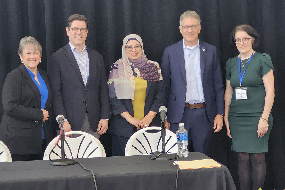 Pictured, from left, Joyce Heames, dean of Jones College of Business at Middle Tennessee State University; Nathan Buttrey, a senior advisor at the Tennessee Department of Economic and Community Development; Sam Zaza, MTSU’s associate professor of Information Systems and Analytics; MTSU Provost Mark Byrnes; and Hanna Terletska, director of the QRISE Center, take a group photo at MTSU’s Tech Vision 2026 conference held April 10 at the Miller Education Center on campus in Murfreesboro, Tenn. (MTSU photo by Andy Heidt)