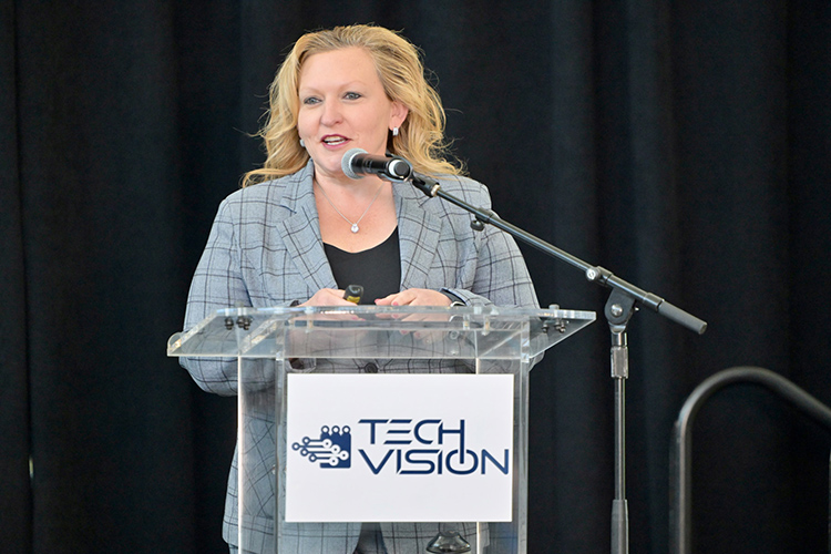 Kristin Darby, chief information officer for the state of Tennessee, discusses the importance of cybersecurity during her keynote remarks at Middle Tennessee State University’s Tech Vision 2026 conference held April 10 at the Miller Education Center on campus in Murfreesboro, Tenn. (MTSU photo by Andy Heidt)