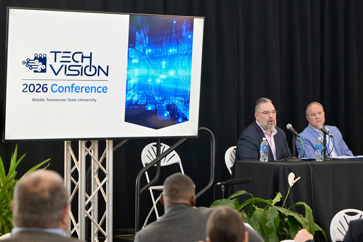 David Butler, second from right, vice provost for research and dean of the College of Graduate Studies at Middle Tennessee State University, listens to a question from the audience at MTSU’s Tech Vision 2026 conference held April 10 at the Miller Education Center on campus in Murfreesboro, Tenn. At right is Peter Grandjean, dean of MTSU’s College of Behavioral and Health Sciences, one of several participants on a panel moderated by Butler. (MTSU photo by Andy Heidt)