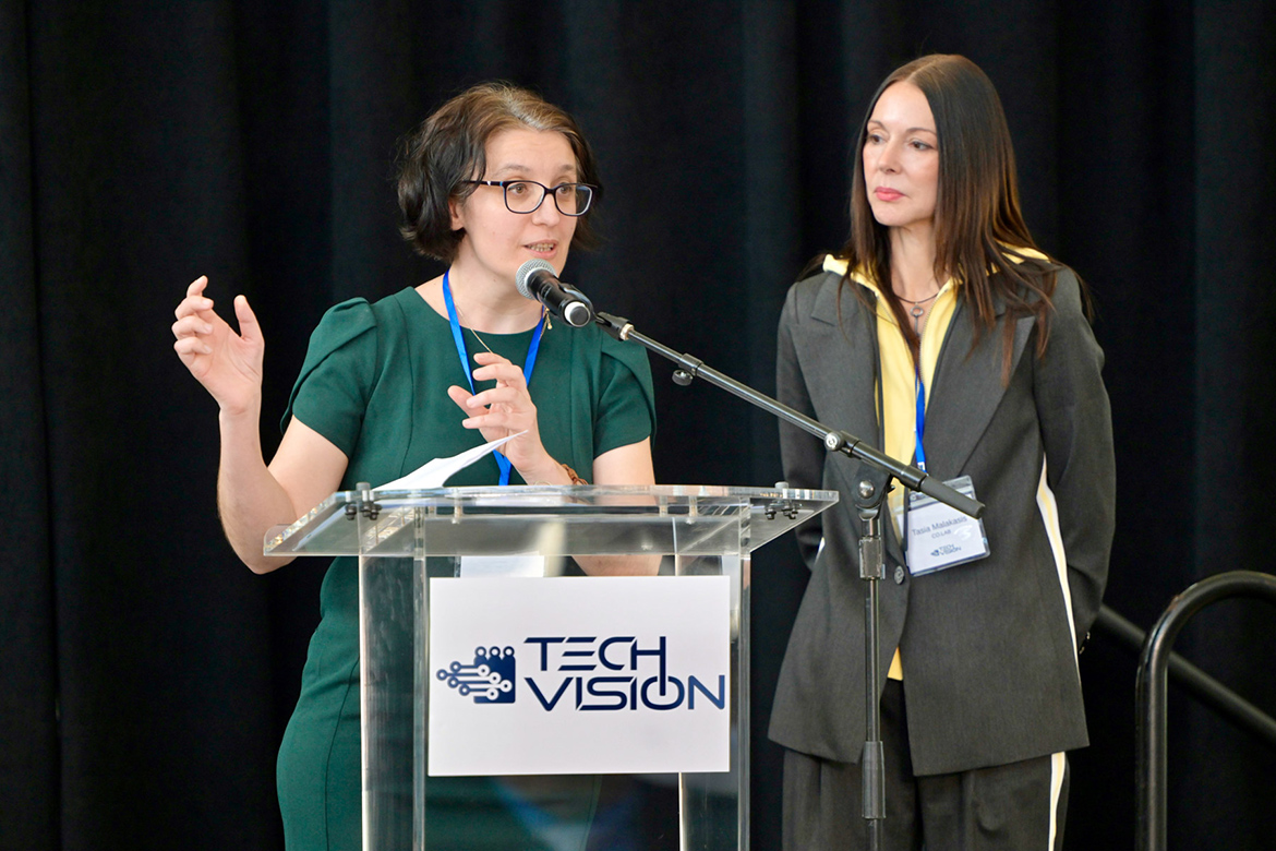 Hanna Terletska, left, director of the Quantum Research Interdisciplinary Science and Education Center, better known as QRISE, at Middle Tennessee State University, emphasizes the importance of collaboration to attendees at MTSU’s Tech Vision 2026 conference held April 10 at the Miller Education Center on campus in Murfreesboro, Tenn. At right is Tasia Malakasis, CEO of The Company Lab, stylized as CO.LAB. (MTSU photo by Andy Heidt)