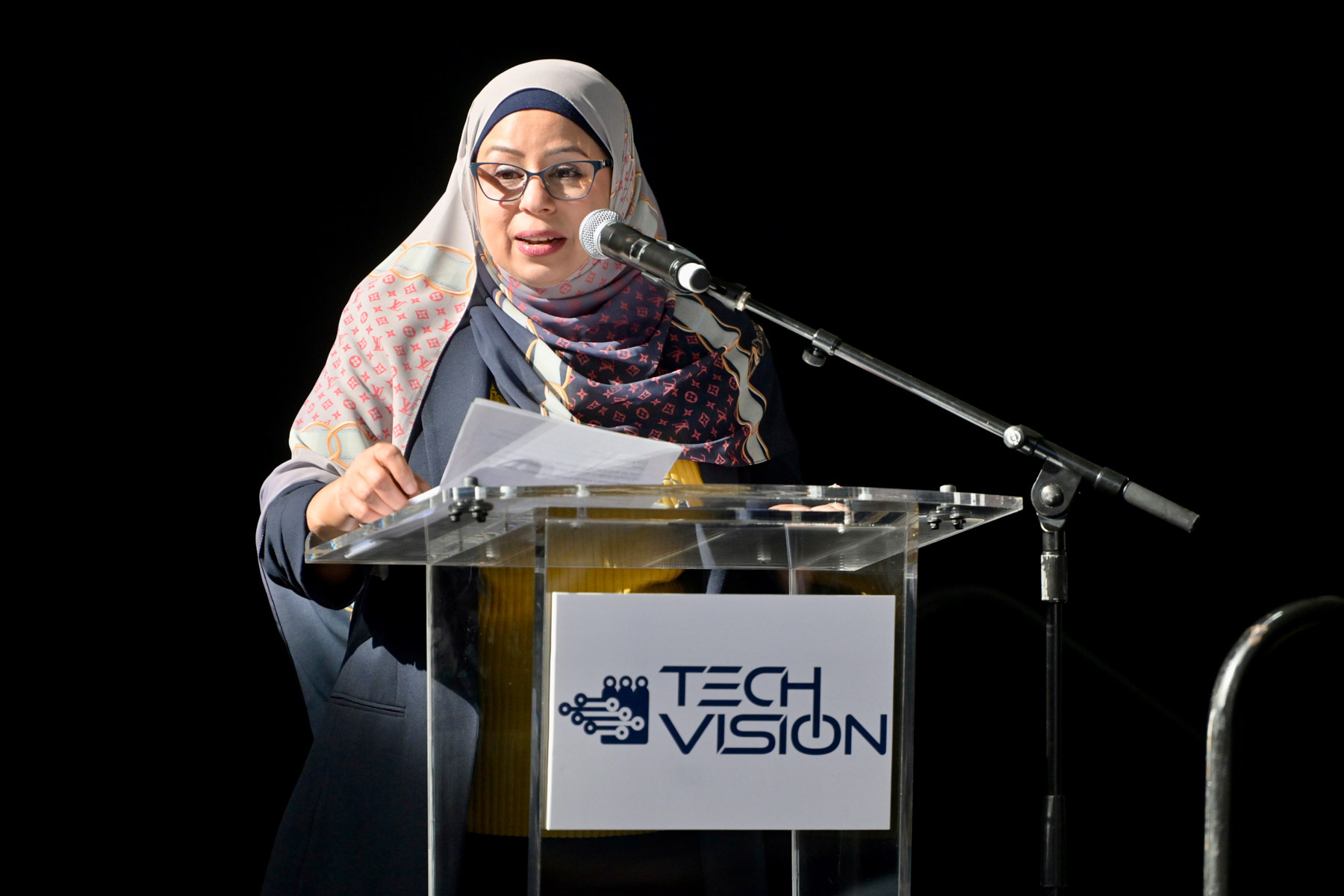 Tech Vision founder and organizer Sam Zaza, associate professor of Information Systems and Analytics at Middle Tennessee State University, welcomes attendees to the Tech Vision 2026 conference held April 10 at the Miller Education Center on campus in Murfreesboro, Tenn. (MTSU photo by Andy Heidt)