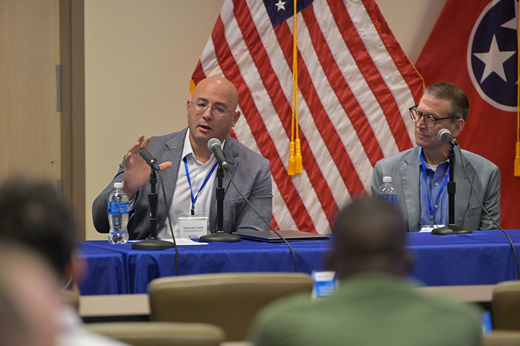 Marouane Salhi, left, CEO and co-founder of Qubit Engineering Inc., makes a point during a panel at Middle Tennessee State University’s Tech Vision 2026 conference held April 10 at the Miller Education Center on campus in Murfreesboro, Tenn. Listening on at right is Kirk McLemore with EPB Quantum in Chattanooga. (MTSU photo by Andy Heidt)